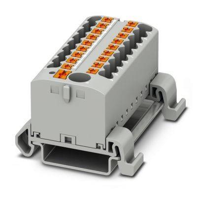 Ein grauer Elektrostecker mit mehreren orangefarbenen Druckknöpfen, hergestellt von Phoenix Contact, für Verdrahtungsanwendungen konzipiert.
