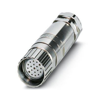 Ein zylindrischer Metallstecker mit mehreren kleinen kreisförmigen Stiften, der für elektronische oder Datenverbindungen verwendet wird.