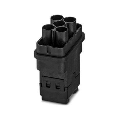Ein schwarzer, rechteckiger elektrischer Stecker mit vier kreisförmigen Buchsen oben, der zum Verbinden von Drähten in einem elektrischen Stromkreis verwendet wird.