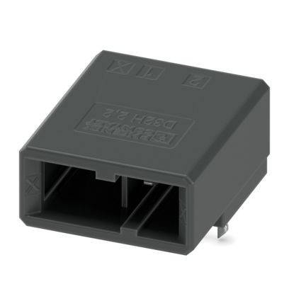 Eine schwarze rechteckige elektronische Komponente mit zwei offenen Schlitzen und der Aufschrift 
