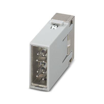 Schwerlast-Elektrostecker in rechteckigem Gehäuse mit Metallkontakten im Inneren für sichere industrielle Stromverbindungen.