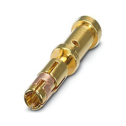 Eine goldfarbene Steckkontaktstift mit mehreren Nuten und einer hohlen Spitze. Wird zum Verbinden von elektrischen Komponenten verwendet.