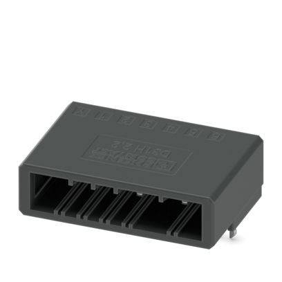 Ein rechteckiger schwarzer elektronischer Stecker mit mehreren Schlitzen, konzipiert zur Montage auf einer Leiterplatte.