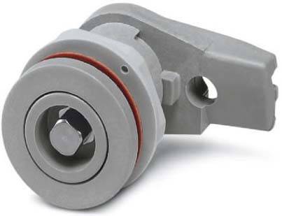 Nahaufnahme eines mechanischen Bauteils mit einer Schraube, Unterlegscheiben und einem kreisförmigen Teil mit einer Öffnung, die industrielle Designelemente zeigt.
