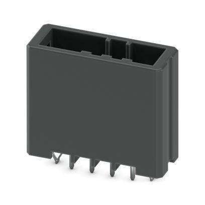 Ein schwarzes rechteckiges elektronisches Steckergehäuse mit mehreren Metallstiften, die sich von der Unterseite erstrecken.