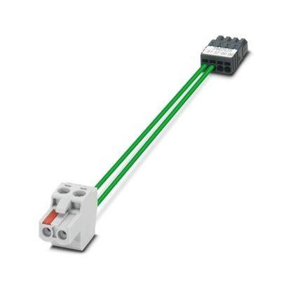 Phoenix Contact 2-polige PCB-Klemmenleiste' mit einem grün-schwarzen Anschluss, an dem zwei grüne Kabel an einem weißen Block befestigt sind.