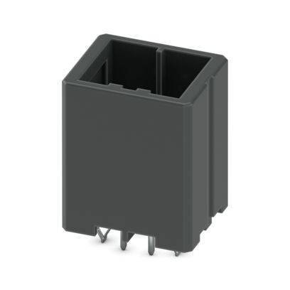 Ein schwarzer rechteckiger elektronischer Stecker mit mehreren Metallstiften auf der Unterseite, der für elektrische Verbindungen auf Leiterplatten verwendet wird.