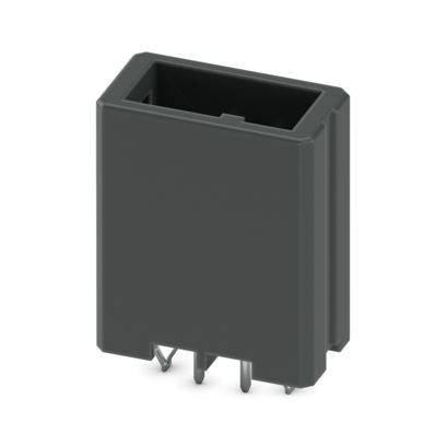 Ein schwarzer Kunststoff-Elektronikstecker mit mehreren Metallstiften, die von unten herausragen, wird für Leiterplattenverbindungen verwendet.