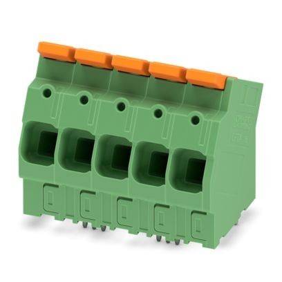 Ein grünes Elektro-Klemmleistenblock mit fünf Anschlüssen und orangefarbenen Hebeln für Drahtverbindungen.