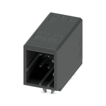 Graues elektrisches Relais mit Anschlüssen für die Stromversorgung, rechteckige Form, Markierungen auf der Oberfläche, die Spannung und Polarität angeben.