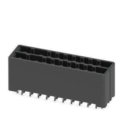 Eine kleine, schwarze elektronische Komponente mit mehreren Stiften im Inneren, möglicherweise ein Stecker oder Adapter.