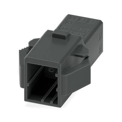 Silberner zylindrischer Stecker mit mehreren runden Buchsen, verwendet für elektrische Verbindungen.