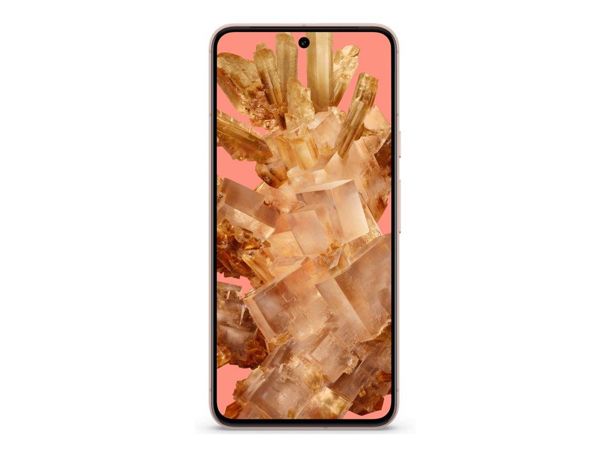 Ein von vorne angezeigtes Smartphone mit einem rosa kristallähnlichen abstrakten Hintergrundbild und zentraler Punch-Hole-Kamera.