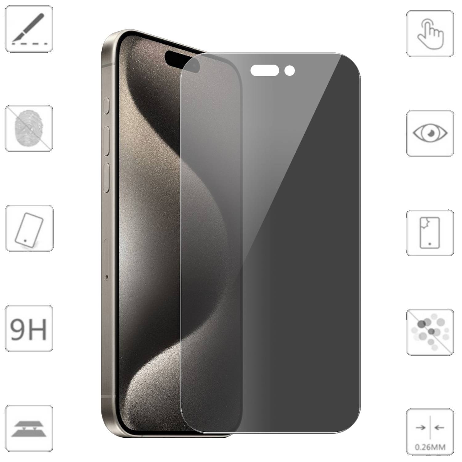 Für Apple iPhone 16 Pro 1x 2.5D 0,26mm Privacy Schutz H9 Hart Glas