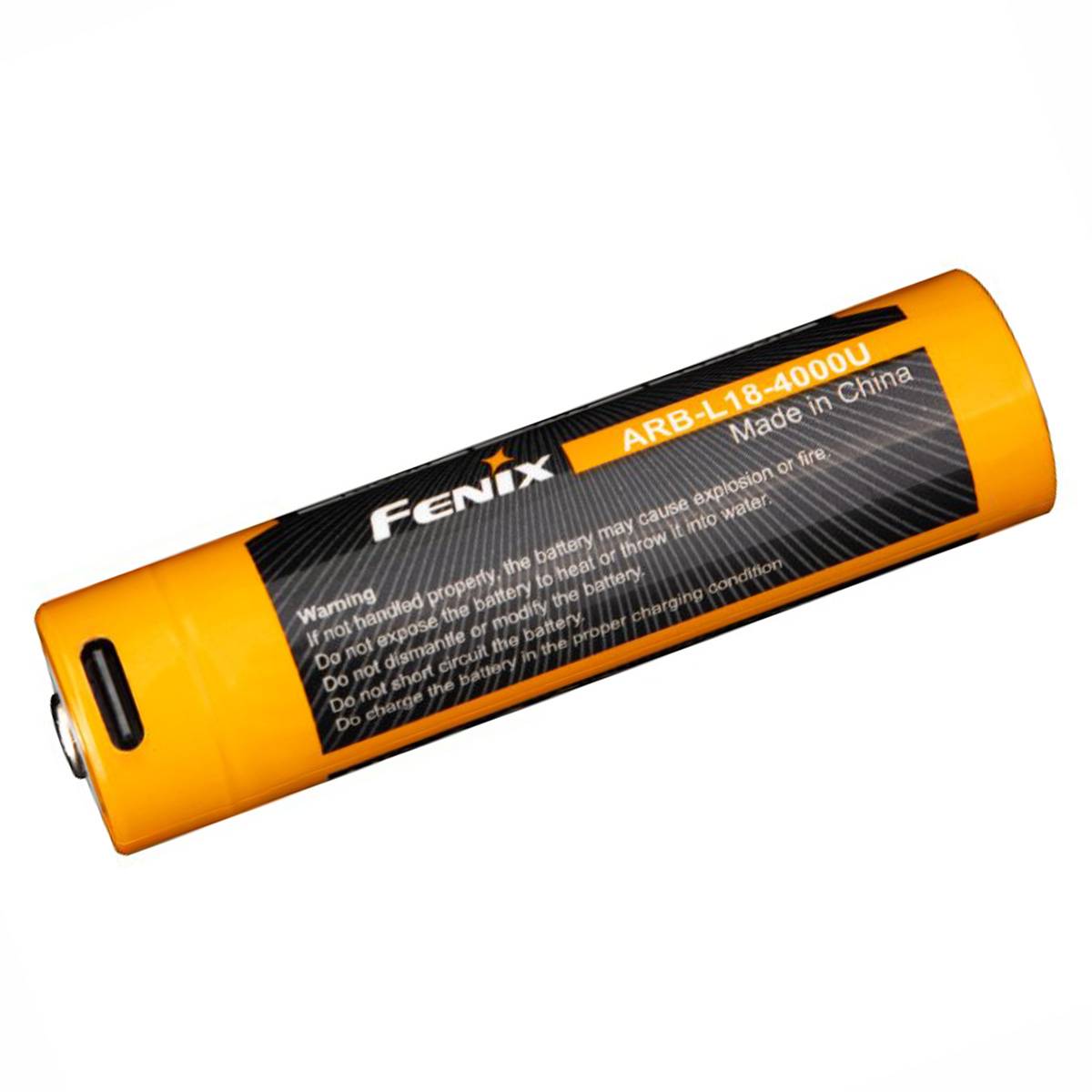Orange Fenix ARB-L18-4000U wiederaufladbare Batterie auf weißem Hintergrund abgebildet, mit der Aufschrift „Made in China