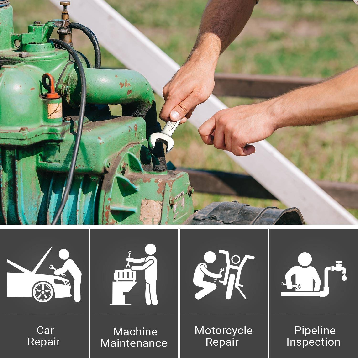 Eine Hand einer Person, die an Maschinen arbeitet; Symbole zeigen Aufgaben: ‚Autoreparatur', ‚Maschinenwartung', ‚Motorradreparatur', ‚Leitungsinspektion'.