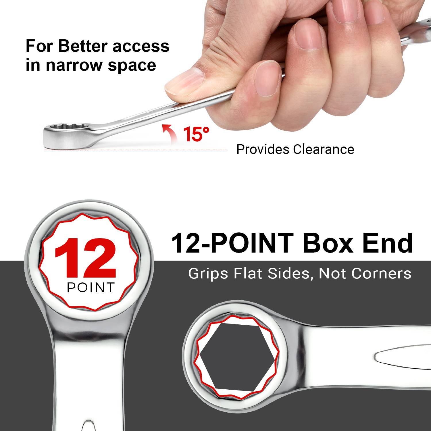 Der '12-Punkt-Ringschlüssel' bietet besseren Zugang in engen Räumen mit einem 15-Grad-Versatz für mehr Bewegungsfreiheit, greift die flachen Seiten und nicht die Ecken.