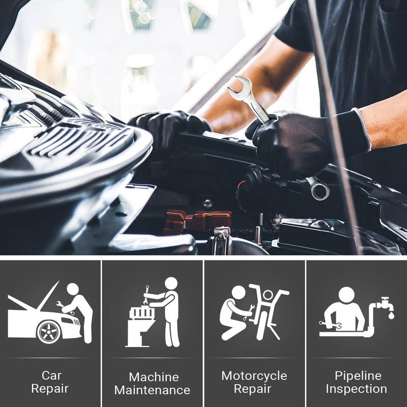 Vier Symbole, die Autoreparatur, Maschinenwartung, Motorradreparatur und Rohrleitungsinspektion darstellen, mit entsprechenden Beschriftungen darunter.