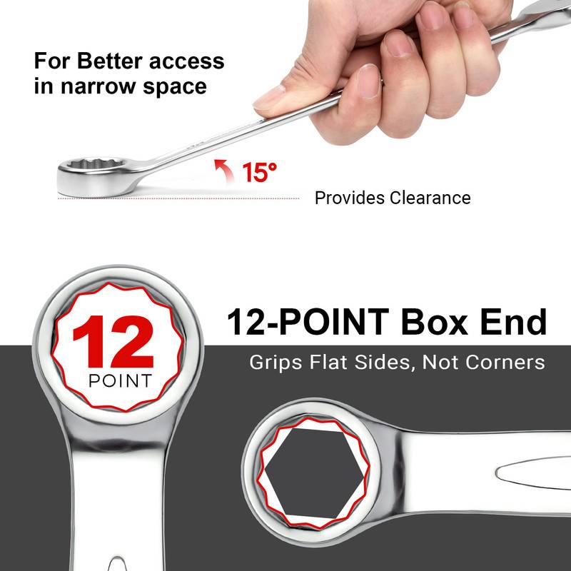 Eine Hand hält einen Schraubenschlüssel, der in einem Winkel von 15° für einen besseren Zugang in engen Räumen ausgerichtet ist. Der Schraubenschlüssel verfügt über ein 12-Punkt-Kopfende zum Greifen von flachen Seiten.
