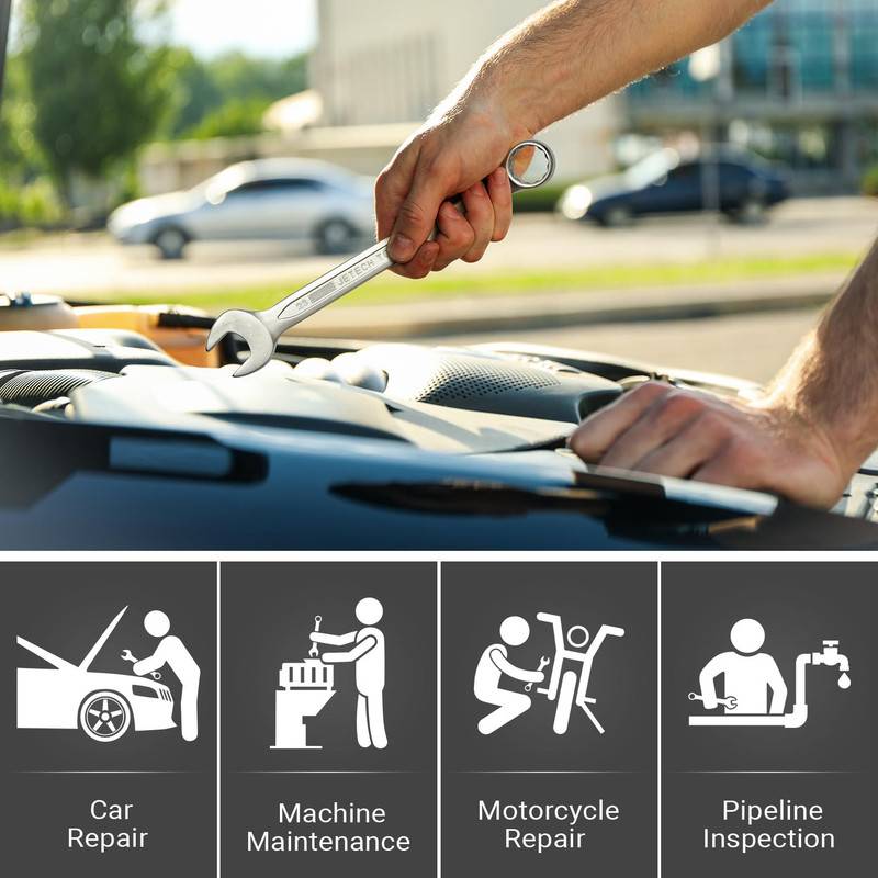 Autoreparatur', 'Maschinenwartung', 'Motorradreparatur', 'Leitungsinspektion' unter einem Bild einer Person, die mit einem Schraubenschlüssel an einem Automotor arbeitet.