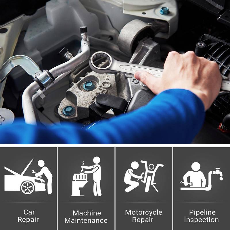 Ein Mechaniker in blauer Arbeitskleidung arbeitet mit einem Schraubenschlüssel an einem Automotor. Darunter repräsentieren Symbole ‚Autoreparatur', ‚Maschinenwartung', ‚Motorradreparatur' und ‚Rohrleitungsinspektion'.