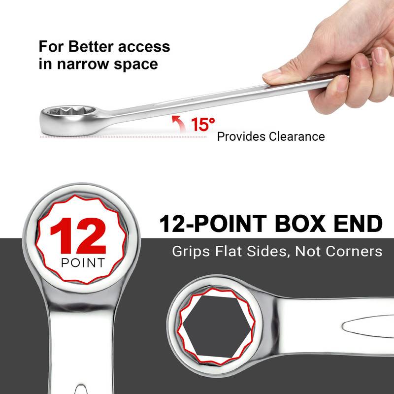 Eine Hand hält einen 12-Punkt-Maulschlüssel in einem Winkel von 15° für bessere Zugänglichkeit in engen Räumen. Der Schlüssel umgreift die flachen Seiten, nicht die Ecken.