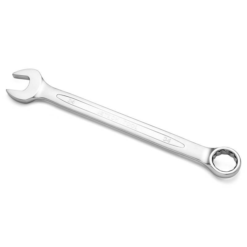 Ein Maulschlüssel aus Stahl mit einer Gabelseite und einer Ringseite, der zum Anziehen oder Lösen von Muttern und Schrauben verwendet wird.