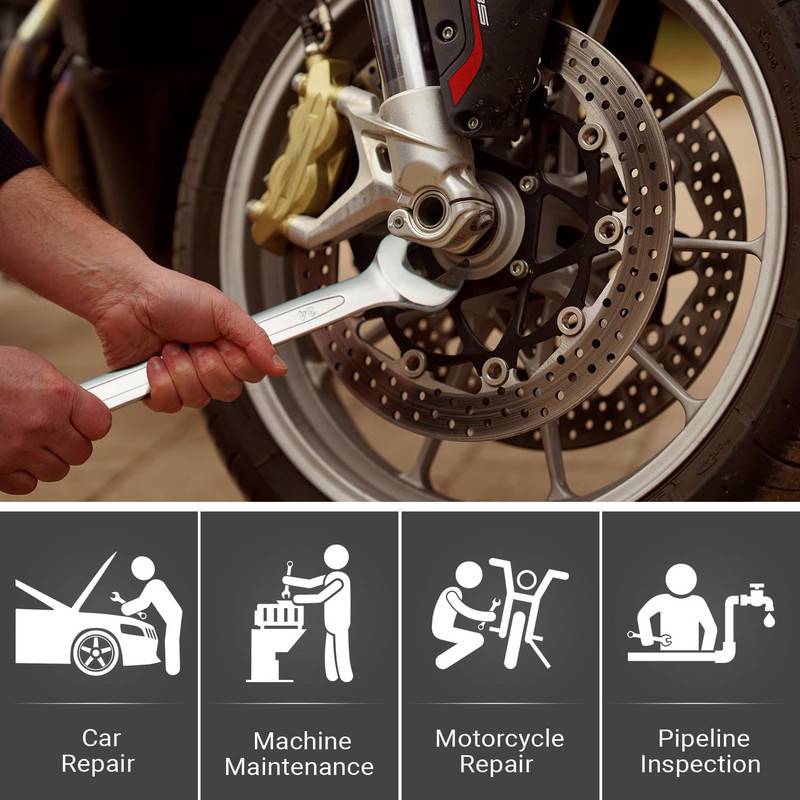 Mechaniker, der einen Schraubenschlüssel am Motorradrad verwendet. Symbole darunter zeigen vier Dienstleistungen: Autoreparatur, Maschinenwartung, Motorradreparatur, Rohrinspektion.