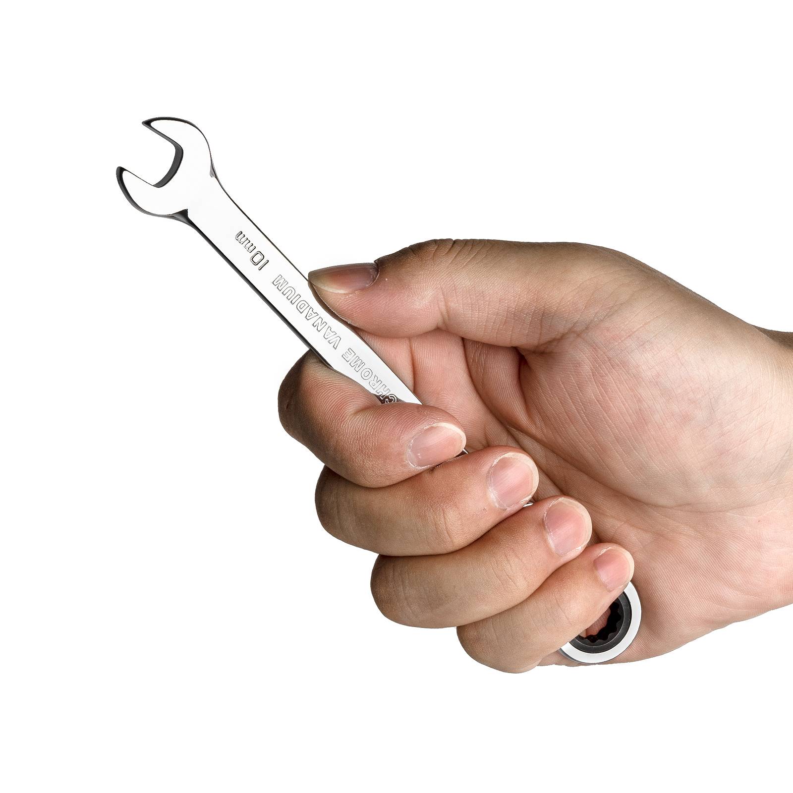 Eine Hand, die einen Maulschlüssel hält, beschriftet mit '601 BAHCO SWEDEN', vor einem einfarbigen weißen Hintergrund.