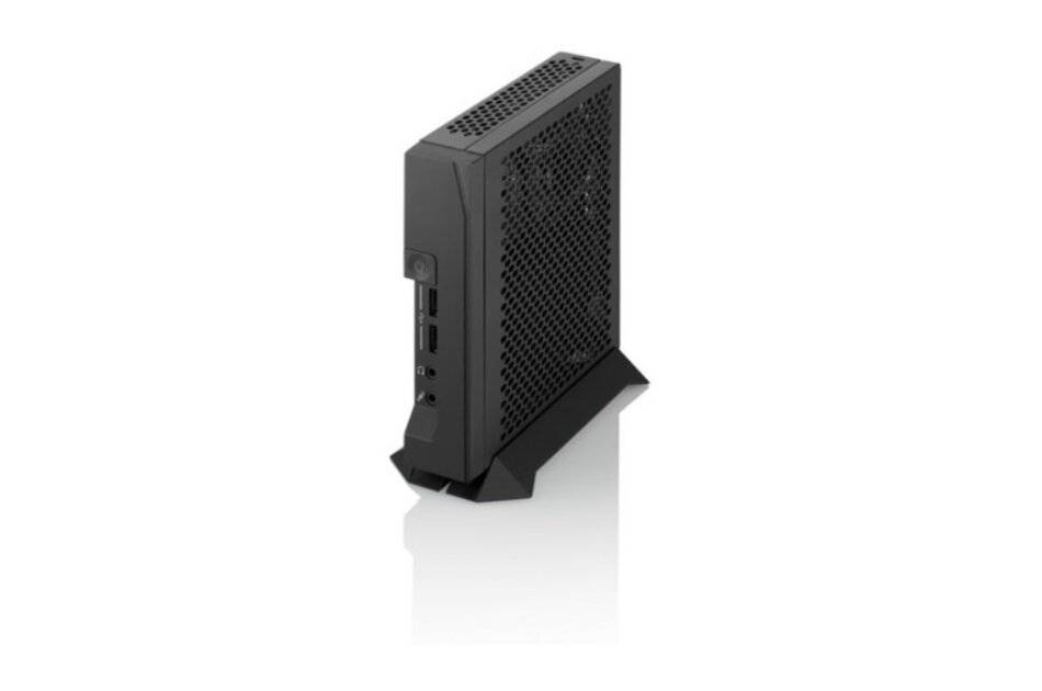 Schwarzer vertikaler Desktop-Computer-Tower auf einem Ständer, gezeigt in Seitenansicht auf weißem Hintergrund.