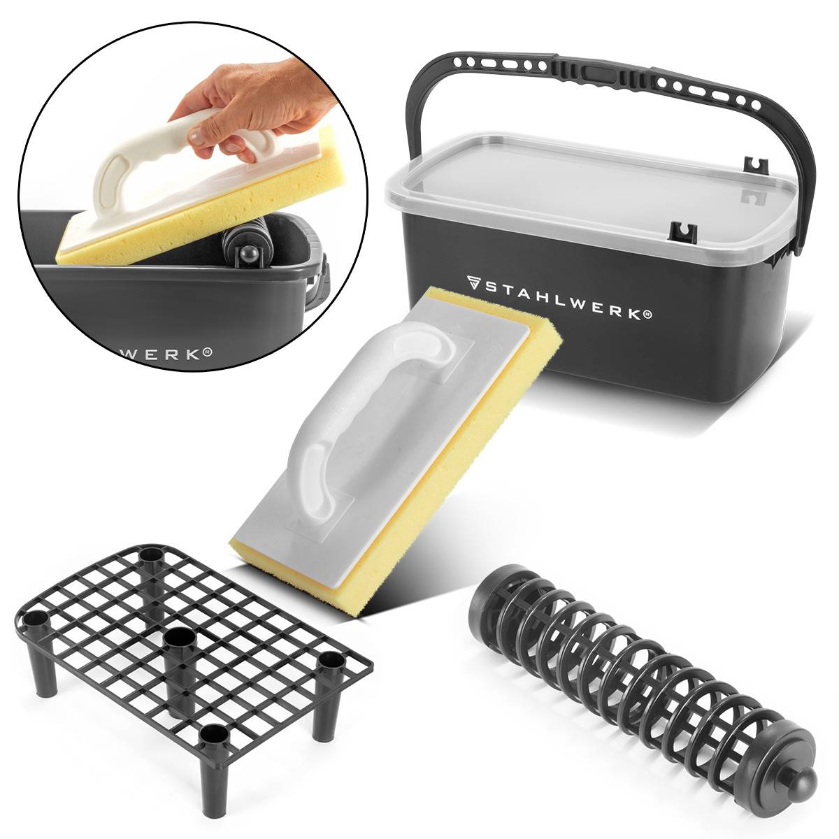 STAHLWERK Fliesenwaschset 4-teiliges Fliesenleger Waschset mit 12 Liter Eimer