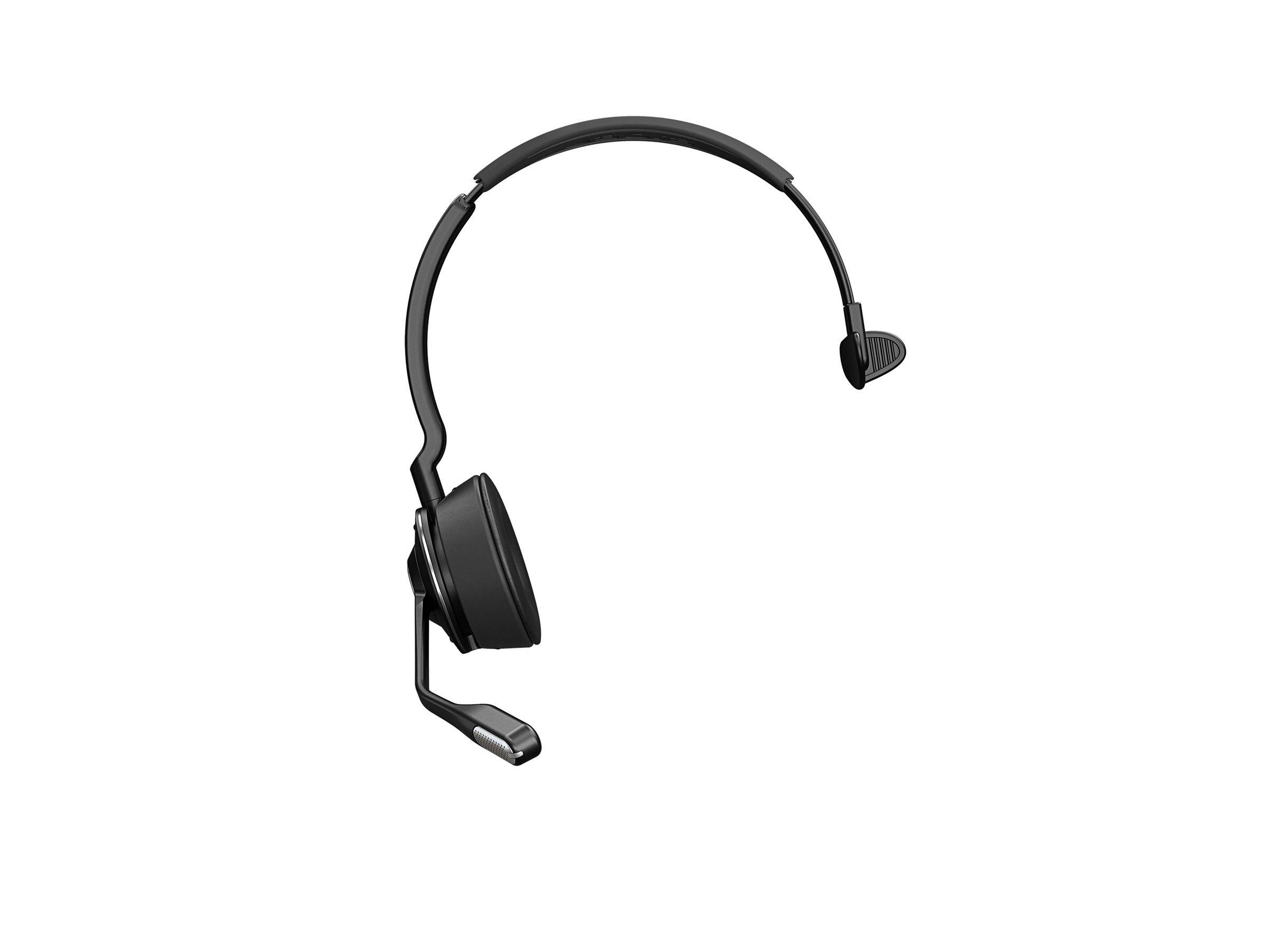Ein schwarzes, drahtloses Headset mit nur einem Ohr, ausgestattet mit einem Mikrofon, das aus der Ohrmuschel herausragt, konzipiert für Kommunikation oder Bürogebrauch.