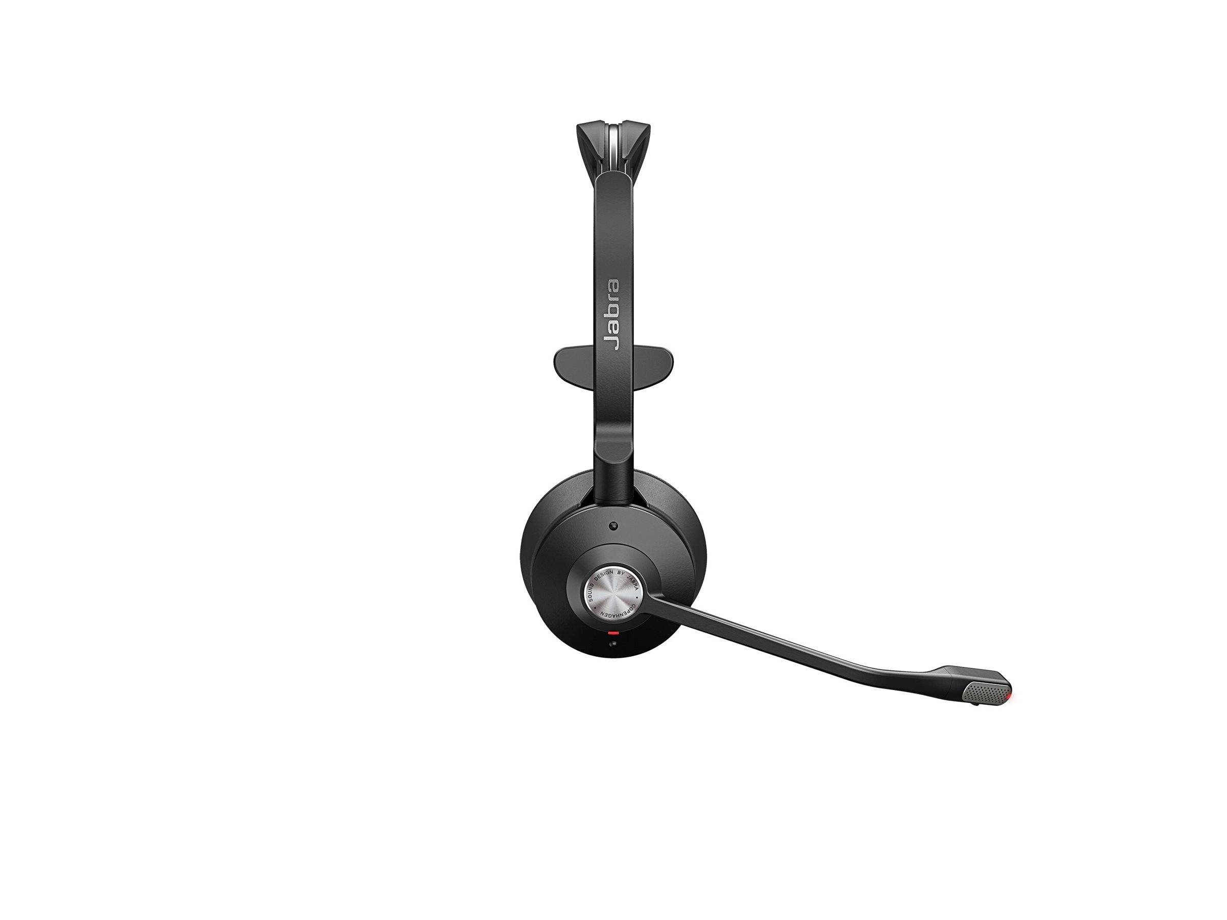 Ein schwarzes Jabra Wireless-Headset mit langem Mikrofonarm und verstellbarem Kopfbügel, entwickelt für freihändige Kommunikation in Büroumgebungen.