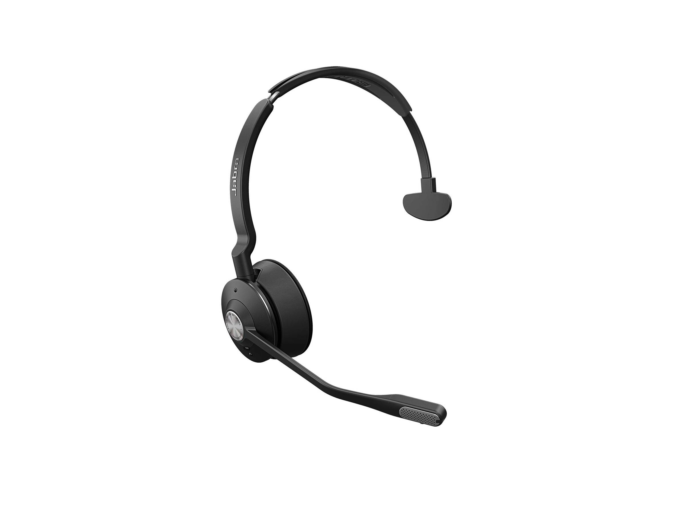 Schwarzes Kopfbügel-Headset mit einer einzelnen Ohrmuschel, Boom-Mikrofon und gepolstertem Kopfbügel auf weißem Hintergrund.