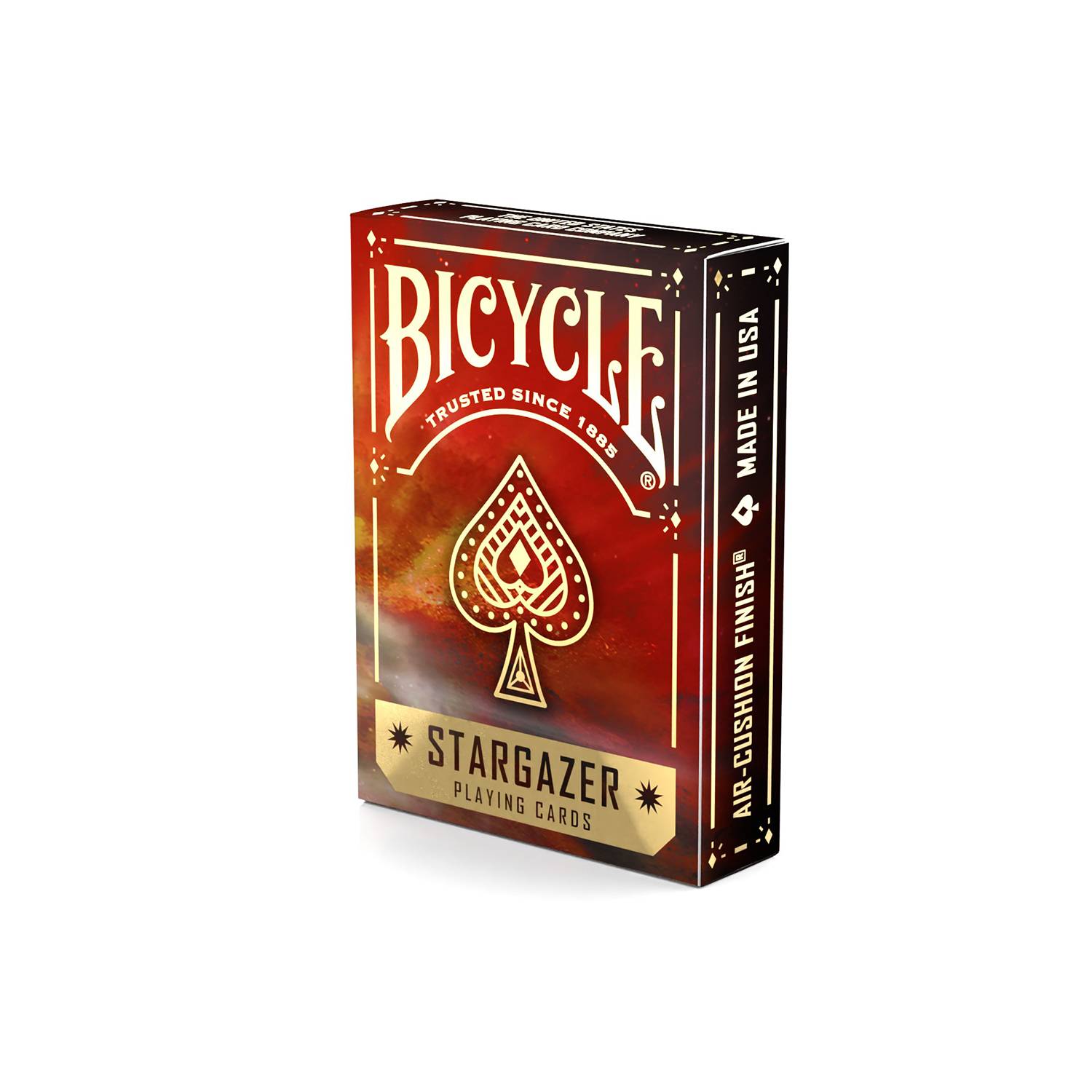 Bicycle Stargazer Spielkartenschachtel in Rot und Gold mit Pik-Emblem und „Made in USA