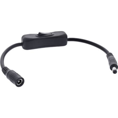 Ein schwarzes Inline-Schaukelschalter-Kabel mit DC-Steckverbindern an beiden Enden, das zum Ein- und Ausschalten der Stromversorgung in elektronischen Geräten verwendet wird.