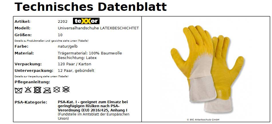 2202 texxor Baumwolle-Strickgewebe 3/4 latex beschichtet gelb 120 Paar Gr 10