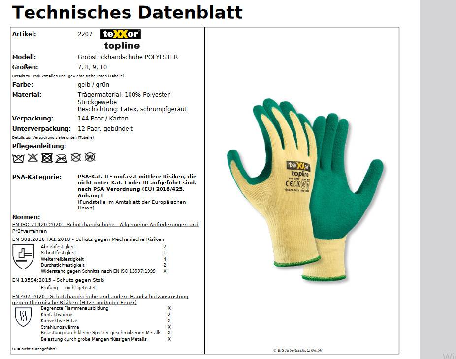 2207 texxor Grobstrick Pflasterhandschuh Polyester gelb/grün 12 Paar Gr 10