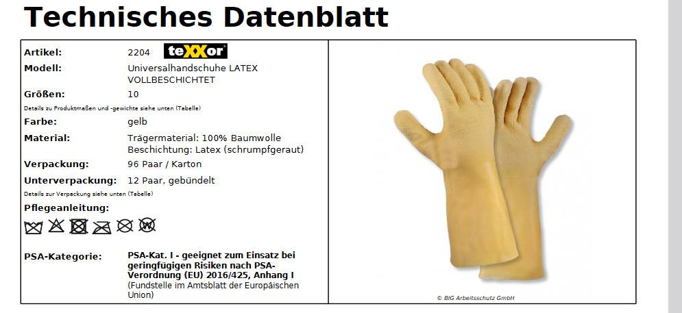 2204 texxor Baumwolle-Strickgewebe latex vollbeschichtet gelb 12 Paar Gr 10