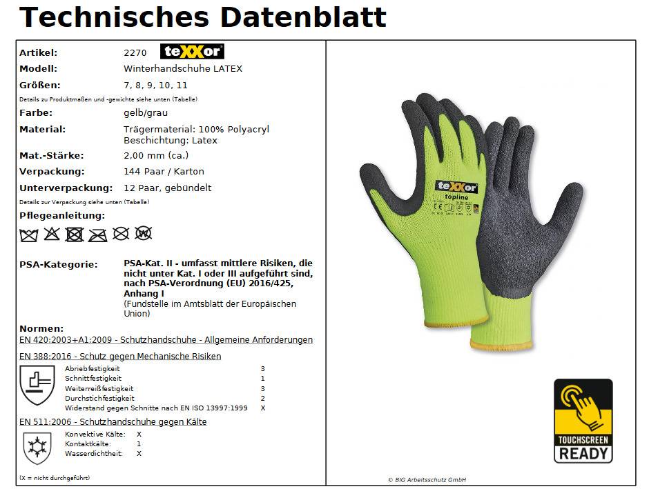 2270 teXXor Winterhandschuh Polyacryl Thermo Kältehandschuh Neon 12 Paar Gr 9