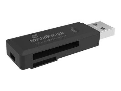 Schwarzer MediaRange USB-Kartenleser-Adapter mit mehreren Speicherkartensteckplätzen und USB-Stecker auf weißem Hintergrund