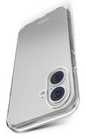 Silberne Smartphone-Hülle, die die Rückseite eines iPhones mit Dual-Kameras und einer durchsichtigen Schutzstossstange zeigt.