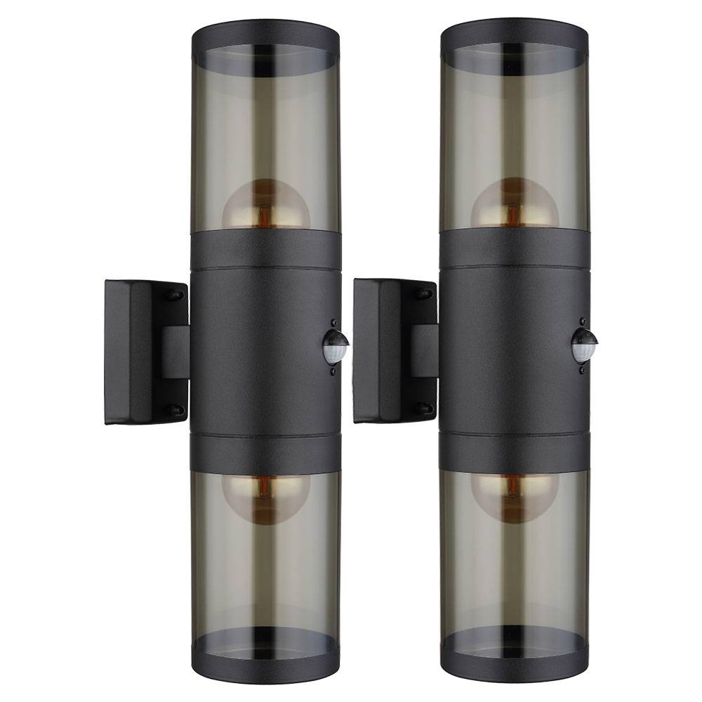 Außenleuchte Wandlampe mit Bewegungsmelder Gartenleuchte Fassadenleuchte, Up and Down Strahler, Edelstahl, schwarz rauch, 2x E27, DxH 10,2x42 cm