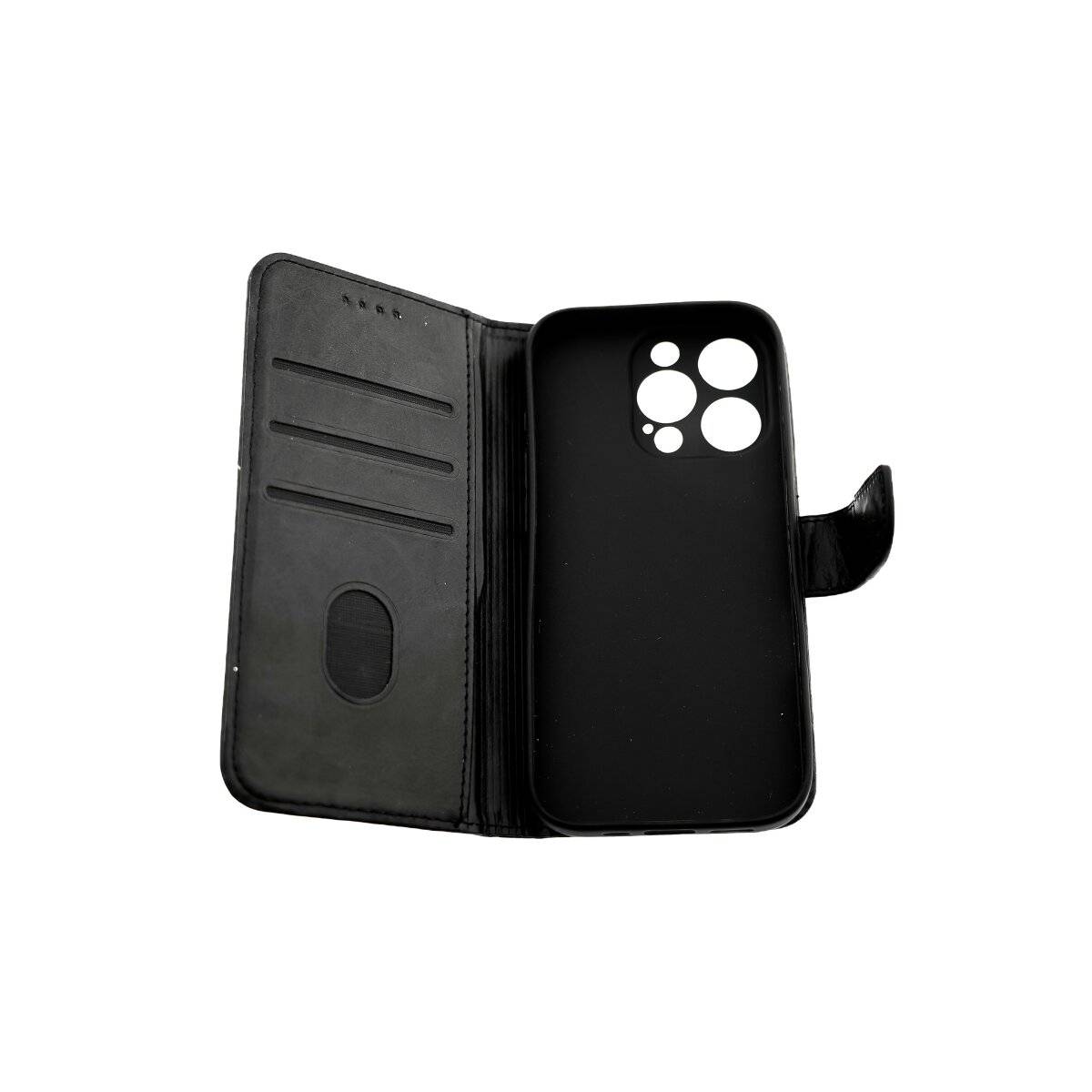Elegante Buchtasche  Klapphülle aus Kunstleder mit integriertem Kameraschutz iPhone 16 Schwarz
