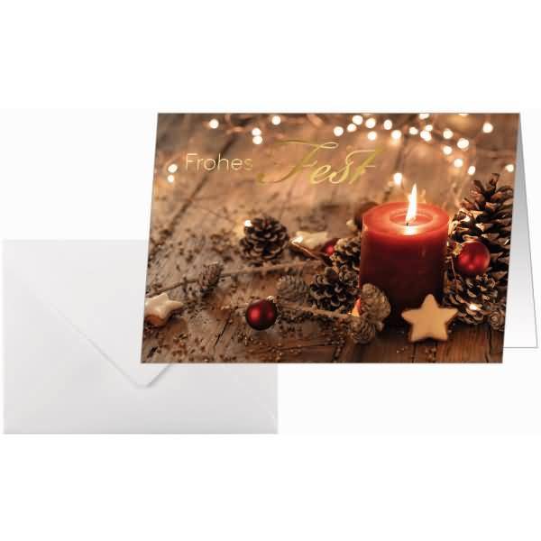 Weihnachtskarte A6 210g 10+10 Stück Red Christmas Candle Goldprägung