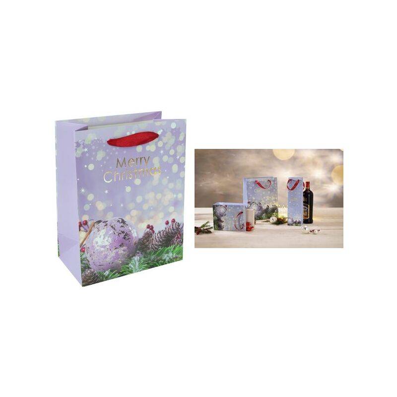 Weihnachts-Geschenktasche mit festlichem Design, die Christbaumkugeln und den Schriftzug 