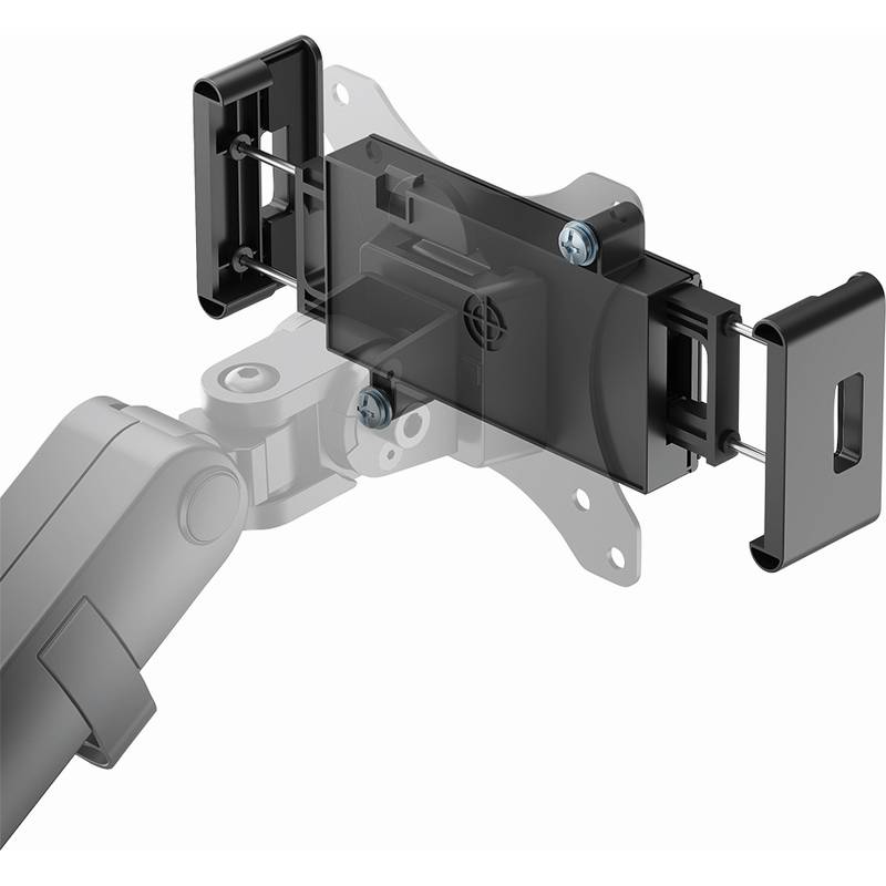 Nahaufnahme eines metallischen Halters mit verstellbaren Armen, ausgestattet mit Schrauben zur Befestigung. Es scheint sich um eine Komponente eines Montagsystems zu handeln.