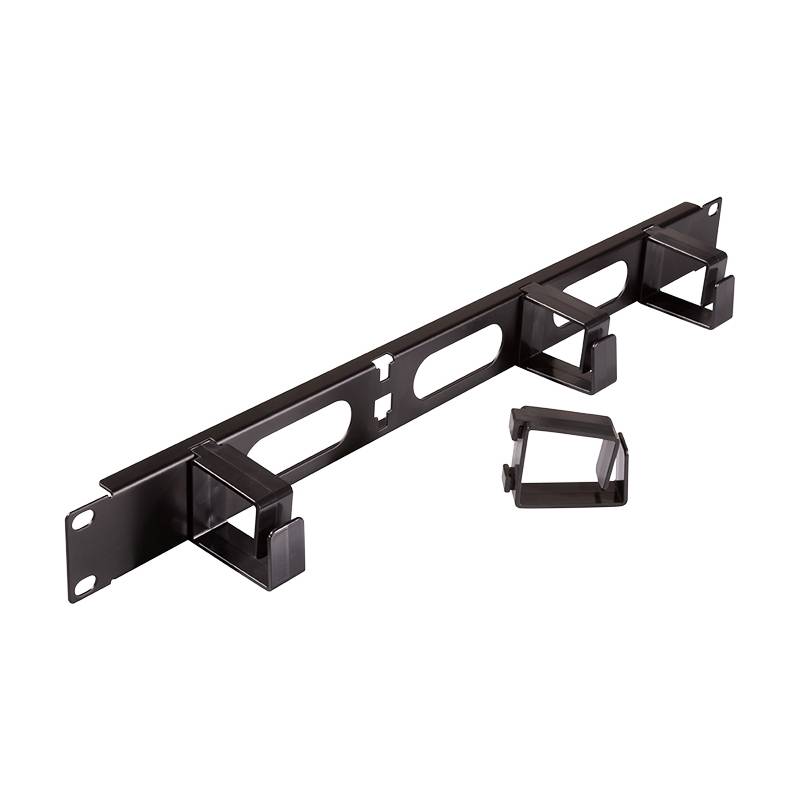 Ein schwarzes Kabelmanagement-Panel mit vier rechteckigen Halterungen zur Kabelorganisation, konzipiert für IT-Racks oder Netzwerkschränke.