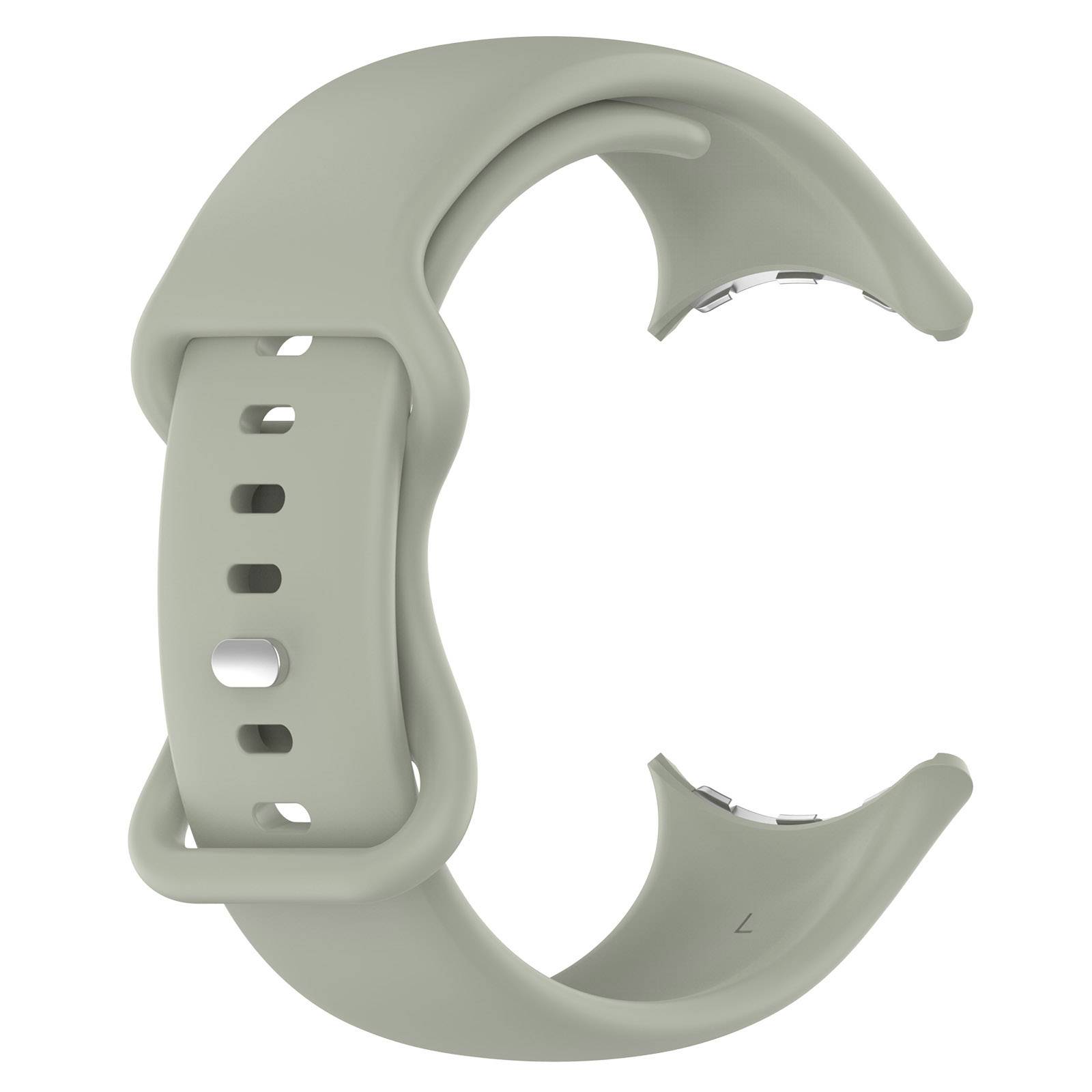 Hellgraues Silikon-Uhrenarmband mit geschwungenem, offenem Verschluss-Design auf weißem Hintergrund.