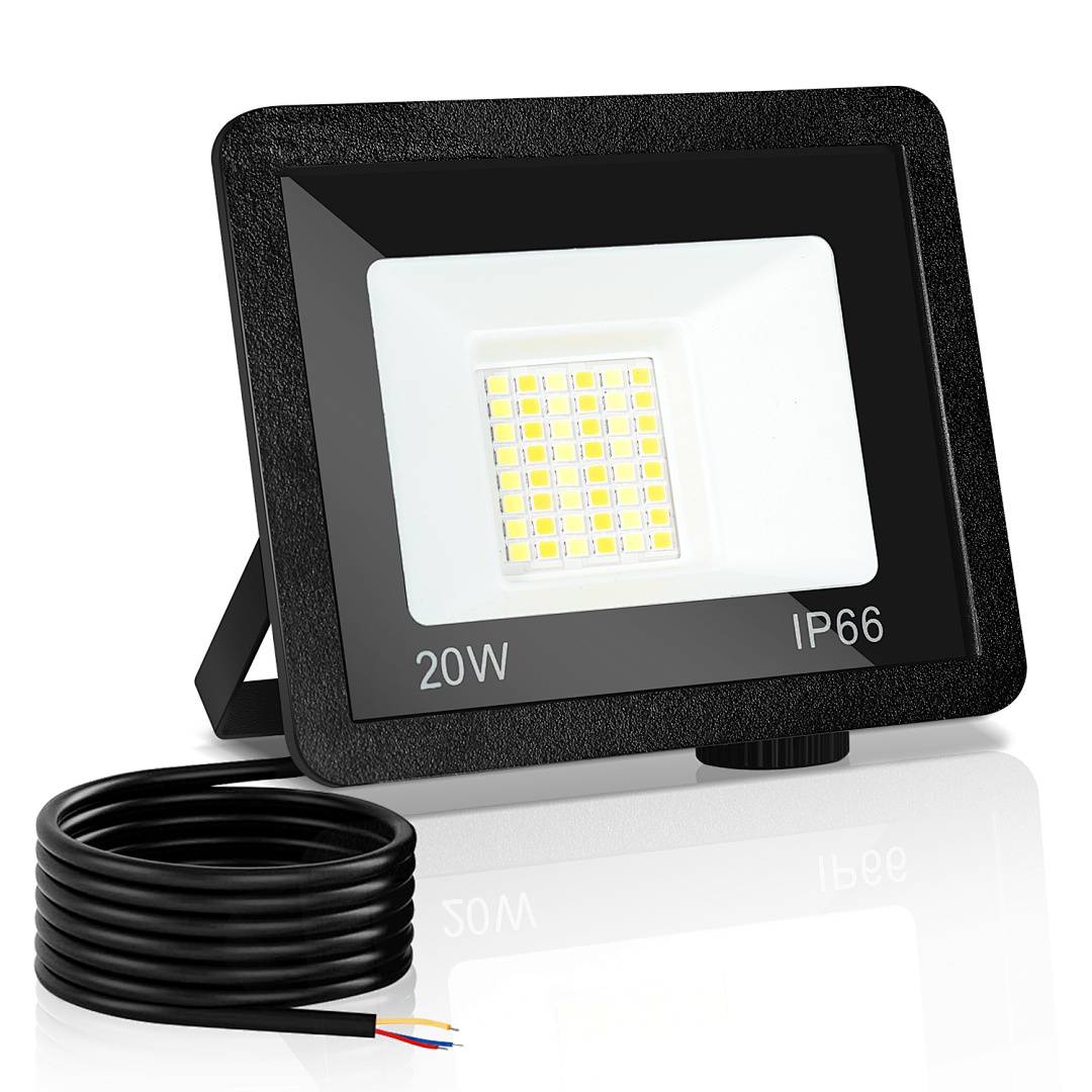 Schwarze 20W IP66 LED-Flutlichter mit angeschlossenem Stromkabel und Montageklammer, gezeigt auf weißem Hintergrund.